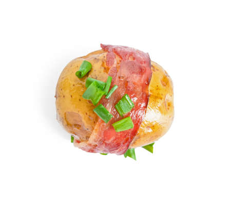 Tasty baked potato with bacon on white backgroundの写真素材
