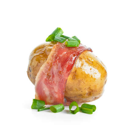 Tasty baked potato with bacon on white backgroundの写真素材