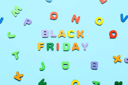 Text BLACK FRIDAY and letters on color backgroundの写真素材