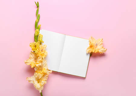 Beautiful gladiolus flowers and blank notebook on pink background