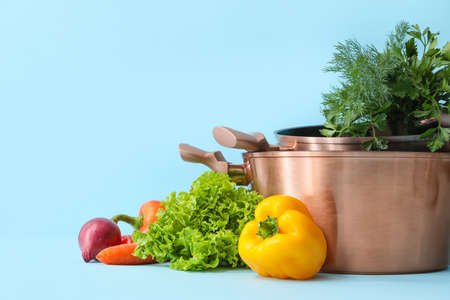Cooking pots with vegetables on color background