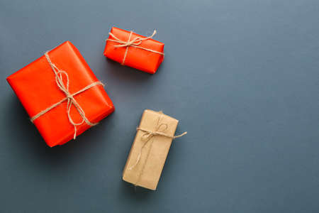 Christmas presents on dark backgroundの写真素材