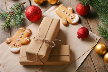 Christmas gifts with cookies and balls on wooden backgroundの写真素材