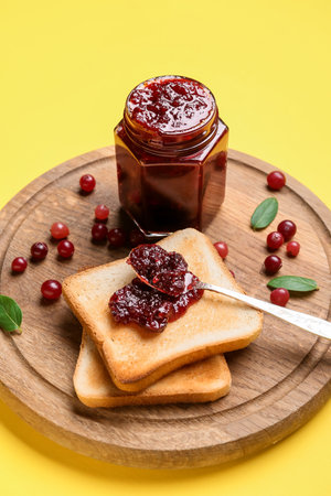 Wooden board with tasty toasts and cranberry jam on yellow background, closeupの写真素材