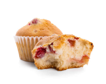 Tasty cranberry muffins on white backgroundの写真素材