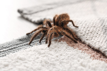 Scary tarantula spider on carpet, closeup