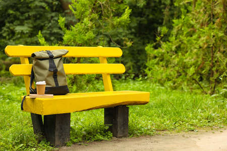 Tourist's backpack, book and coffee on bench in parkの写真素材