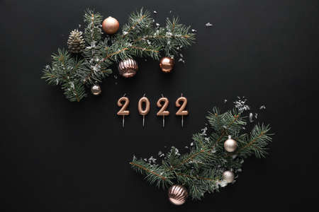 Figure 2022 with fir branches and decor on black background