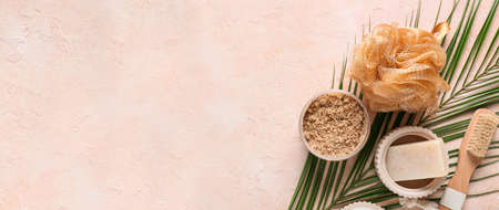 Set of natural bath supplies on grunge background with space for text