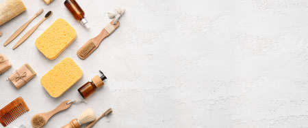 Set of natural bath supplies on light background with space for textの写真素材