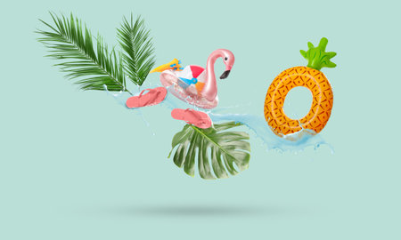 Collage with beach accessories, tropical leaves and water splash on color background