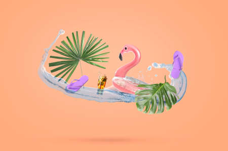 Collage with beach accessories, tropical leaves and water splash on color backgroundの写真素材
