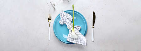 Beautiful table setting with calla lily on light background. banner design
