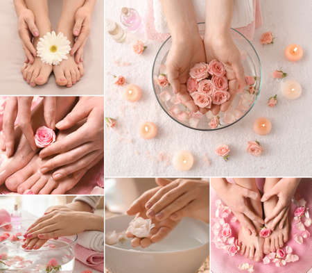 Collage with young women undergoing spa pedicure and manicure treatment in beauty salonの写真素材