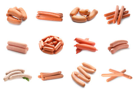 Set of tasty sausages isolated on whiteの写真素材