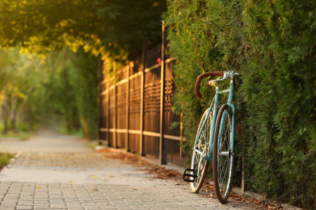 Stylish bicycle near green fence on city streetの写真素材