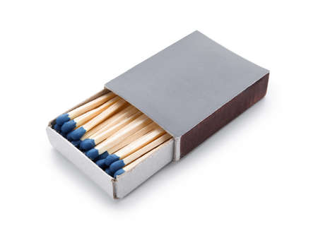 Box with new matchsticks on white background
