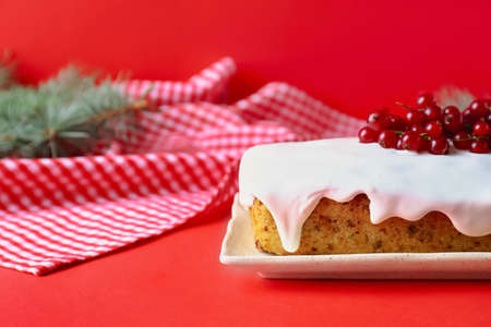 Plate with tasty Christmas bread on color background