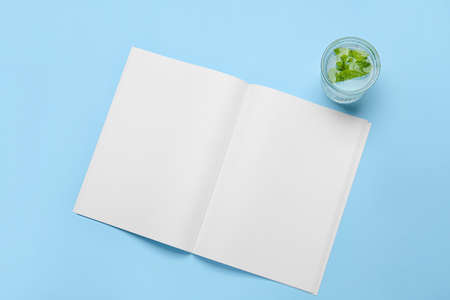 Blank magazine with glass of cocktail on color background