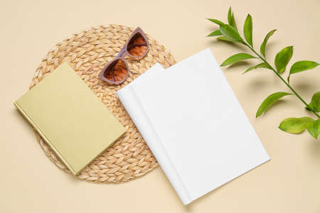 Sunglasses with blank magazine on light backgroundの写真素材