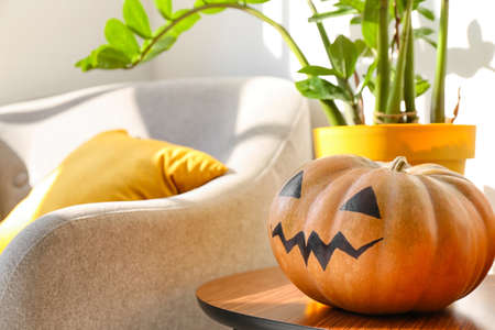 Halloween pumpkin with houseplant on table in roomの写真素材