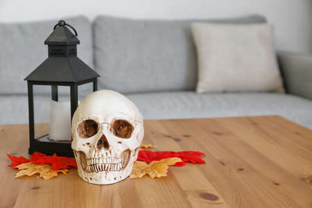 Human skull with candle and fallen leaves on table in roomの写真素材