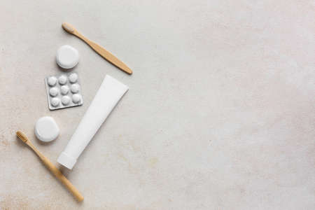 Set of dental hygiene on light backgroundの写真素材