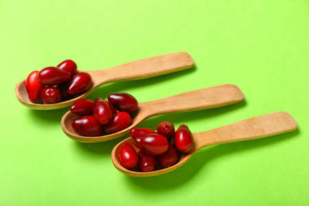 Spoons with fresh dogwood berries on green backgroundの写真素材