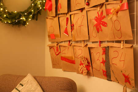 Advent calendar on wall in room, closeupの写真素材