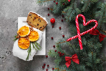 Tasty Christmas stollen on grunge backgroundの写真素材