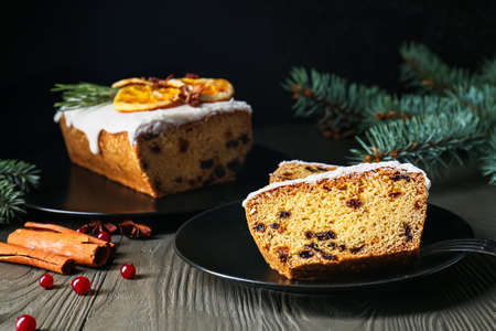 Tasty Christmas stollen on tableの写真素材