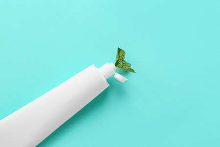 Tube with toothpaste and mint on color backgroundの写真素材