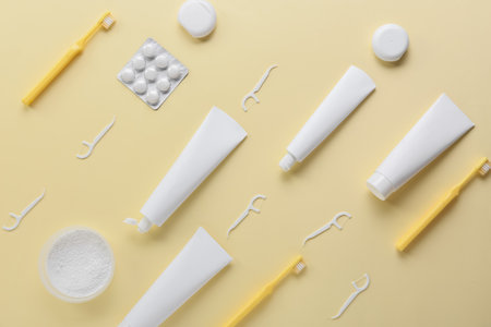 Set of dental hygiene on beige backgroundの写真素材