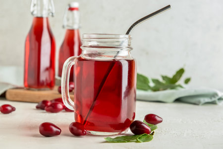 Mason jar of healthy dogwood berry drink on light backgroundの写真素材