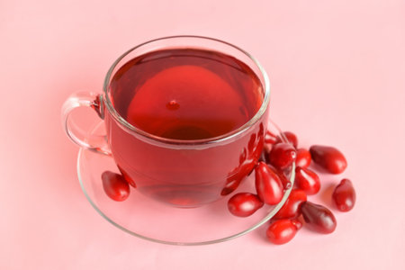 Cup of healthy dogwood berry drink on color backgroundの写真素材