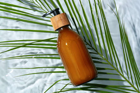 Dispenser bottle of cosmetic product and palm leaf in water on gray background