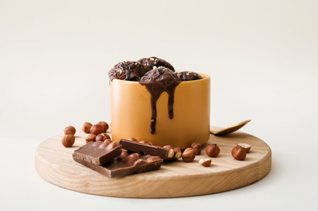 Bowl with delicious chocolate ice cream and hazelnuts on light backgroundの写真素材