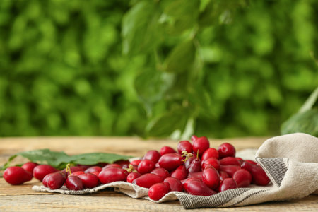 Ripe dogwood berries on table outdoorsの写真素材