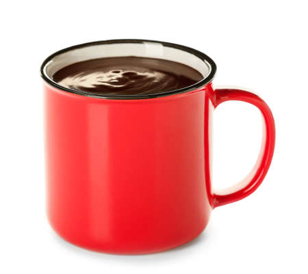 Cup of tasty hot chocolate on white backgroundの写真素材