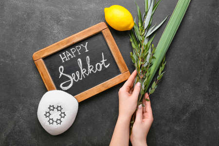Female hands, Sukkot festival symbols and chalkboard on dark backgroundの写真素材