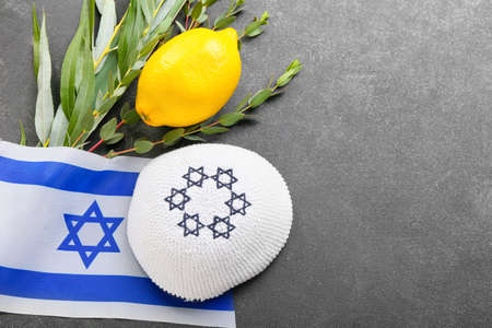 Sukkot festival symbols and flag of Israel on gray backgroundの写真素材