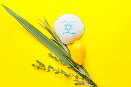 Sukkot festival symbols on color background