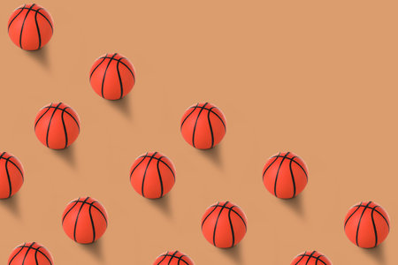 Many basketball balls on beige background with space for textの写真素材