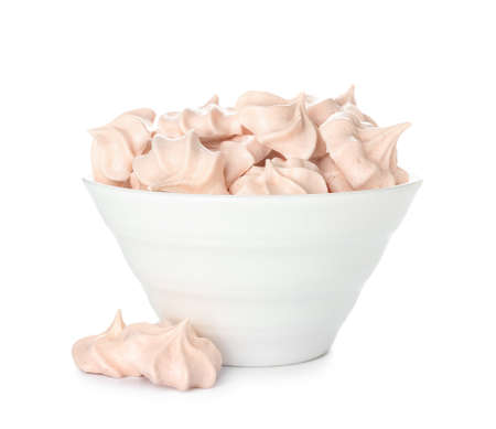 Bowl with tasty meringue isolated on white backgroundの写真素材