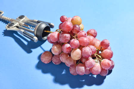 Composition with corkscrew and fresh grapes on color background, closeup
