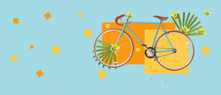 Collage with bicycle, flowers and tropical leaves on pink backgroundの写真素材
