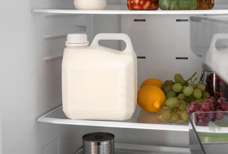 Gallon bottle of milk and products on shelf of refrigeratorの写真素材