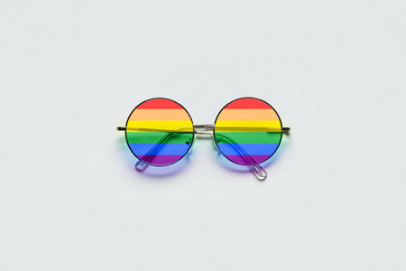Stylish rainbow sunglasses on light background. Concept of LGBT