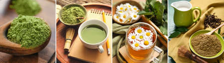 Set of aromatic matcha and chamomile teaの写真素材