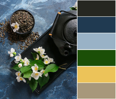 Composition with dry green tea and jasmine flowers on blue background. different color patternsの写真素材